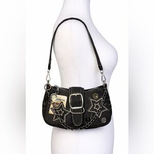 Y2K Black Denim Shoulder Bag Star Patch Chain Strap Grunge Purse